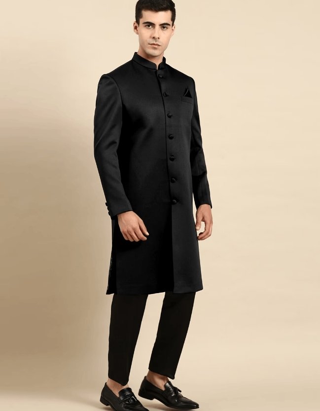 Mandarin Collar Woven Design Sherwani Set